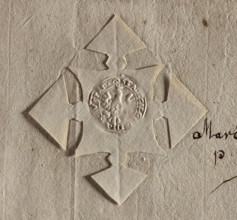 Round seal impression of the town of Kargowa. Crowned single-headed eagle with a shield on its