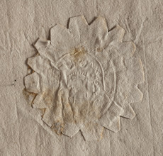 Oval seal impression of the town of Karczew. On a rococo shield under a count's crown, a ram