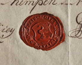 Round seal impression of the town of Kepno, Sieradz Voivodeship. In the field of the seal, a