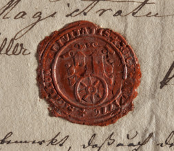 Round wax impression of the seal of the town of Kolo, Kalisz Voivodeship. On the circle there is a