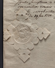 Oval seal impression of the town of Leszno in Greater Poland. In the middle of the baroque shield,