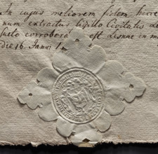 Oval seal impression of the town of Leszno in Greater Poland. In the middle of the baroque shield,