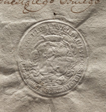 Oval seal impression of the city of Lublin. In a baroque cartouche with a noble crown, a goat