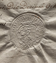 Oval imprint of the city of Lublin. In a baroque cartouche under a nobleman's crown, a goat