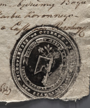 Oval print of the seal of the town of Miechów. Axe with a rose branch entwined around the axe