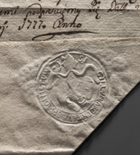 Round seal impression of the town of Mstów. Under the bishop's mitre, a baroque cartouche with two