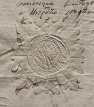 Round seal impression of the town of Nieszawa. A crowned eagle holding a large fish in its talons.
