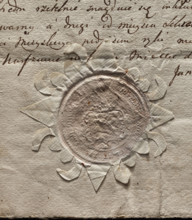 Round seal impression of Warsaw - Nowe Miasto. Richly decorated shield with illegible coat of arms.