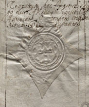 Round seal imprint of the town of Opatów, Sandomierz Voivodeship. In a decorative cartouche there