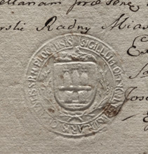 Round imprint of the city seal of Plock. On a vertically hatched shield surrounded by laurel