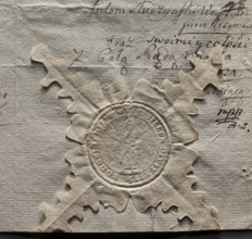 Round seal impression of the town of Podgórz. In the field of the seal, a standing figure of a