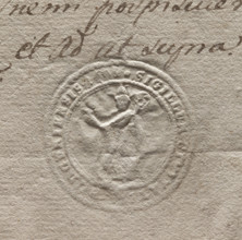 Round imprint of the seal of the town of Podgórze. Figure of a bishop in a miter holding a crosier.