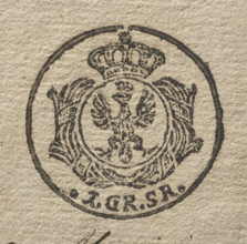 Round seal impression of the town of Proszowice, Kraków Voivodeship. In a round, baroque cartouche