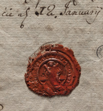 Round wax impression of the seal of the town of Przemet. In the central field, the figure of Saint