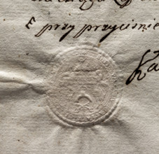 Round imprint of the seal of the town of Praga near Warsaw. The upper part of the drawing is