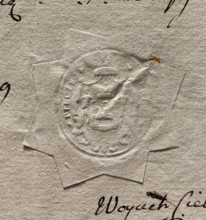 Oval seal impression of the town of Siedlce. Under the cap, on an ermine cloak, a crowned shield