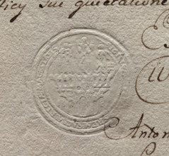 Round seal imprint of the town of Srem, Poznan Voivodeship. Round seal showing a city gate in a