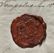 Round wax seal impression of the town of Sompolno, Konin Voivodeship. In a decorative rectangular