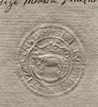 Oval seal impression of the town of Stezyca. In a decorative cartouche, a pig facing right.