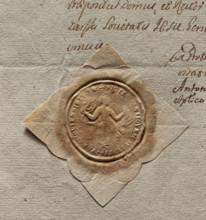 Round impression of the seal of the city of Warsaw. A mermaid with wings, a tail and legs of a