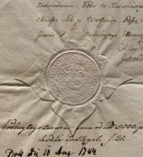 Round impression of the seal of the city of Warsaw. In a Baroque cartouche a mermaid with a fish