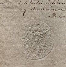 Round dry impression of the seal of the entail jurisdiction of the city of Warsaw. Beneath the