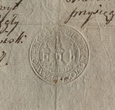 Round dry impression of the town seal of Wachock (1794). Circular seal showing a city wall with