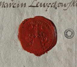 Round seal impression of the town of Wagrowiec, Pila Voivodeship. Coat of arms with an illegible