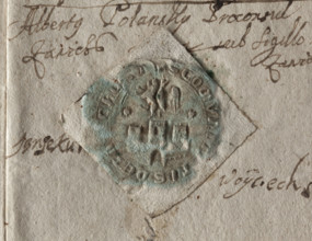 Round dry impression of the city seal of Zawichost (1673). Round seal showing a city wall with an