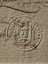 Round seal imprint of the Civil-Military Order Commission of the Dobrzyn Land. On the shield, the