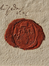 Oval wax seal impression of Prince August Kazimierz Sulkowski (1729–1786). Under the mitre, on an