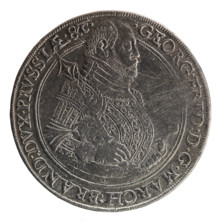 Thaler (Gulden), 1586. Obverse: half-figure of Jerzy Fryderyk (Duke of Karniów; 1539–1603) in