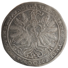 Thaler; obverse: torso facing right in a ruff and decorative armor girded with a sash, a scepter in