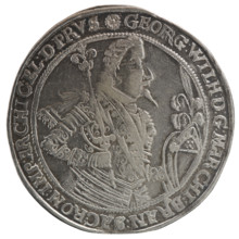 Thaler depicting male bust in armor: George William of Hohenzollern (Elector of Brandenburg; Duke