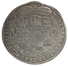 Thaler; Ernest Pfahler, Koch, Dawid, publisher; coats of arms; male busts in armour; George William