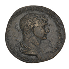 Sestertius, Trajan (53–117; Roman emperor 98–117). Obverse: bust of Trajan with laurel wreath and