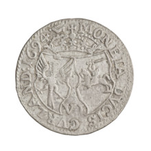 Obverse: In the border, a male bust in armor and a wig turned to the right, separating the
