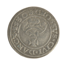 Gdansk grosz, Sigismund I the Old (King of Poland; 1506–1548). Silver coin, 1530. Obverse: Crowned