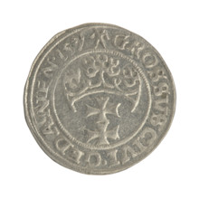 Gdansk grosz, Sigismund I the Old (King of Poland; 1506–1548). Silver coin (1539). Obverse: Crowned