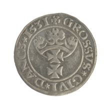 Gdansk grosz, Sigismund I the Old (King of Poland; 1506–1548). Polish coin, Jagiellon dynasty.