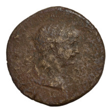 Sestertius of Emperor Trajan (53–117 CE; ruled 98–117), c. 114–115 CE. Obverse: laureate head of