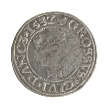 Gdansk grosz, Sigismund I the Old (King of Poland; 1506–1548). Silver coin (grosz), 1532. Obverse: