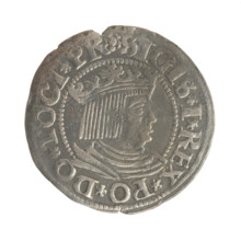 Gdansk grosz, Sigismund I the Old (King of Poland; 1506–1548). Silver coin (grosz). Obverse: