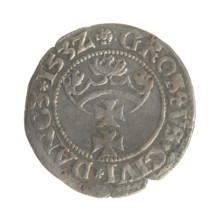 Gdansk grosz, Sigismund I the Old (King of Poland; 1506–1548). Silver coin (grosz), 1532. Obverse: