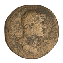 Sestertius; Hadrian (76–138; Roman emperor 117–138). Obverse: Bust of Hadrian facing right with a