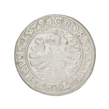 Prussian grosz, Sigismund I the Old (King of Poland; 1506–1548). Obverse: Crowned male bust in