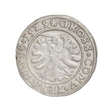 Prussian grosz, Sigismund I the Old (King of Poland; 1506–1548). Obverse: Crowned male bust in