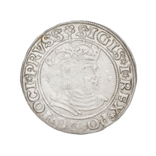 Prussian grosz, Sigismund I the Old (King of Poland; 1506–1548). Obverse: Crowned male bust in