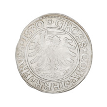 Prussian grosz, Sigismund I the Old (King of Poland; 1506–1548). Obverse: Crowned male bust in