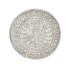 Prussian grosz, Sigismund I the Old (King of Poland; 1506–1548). Obverse: Crowned male bust in